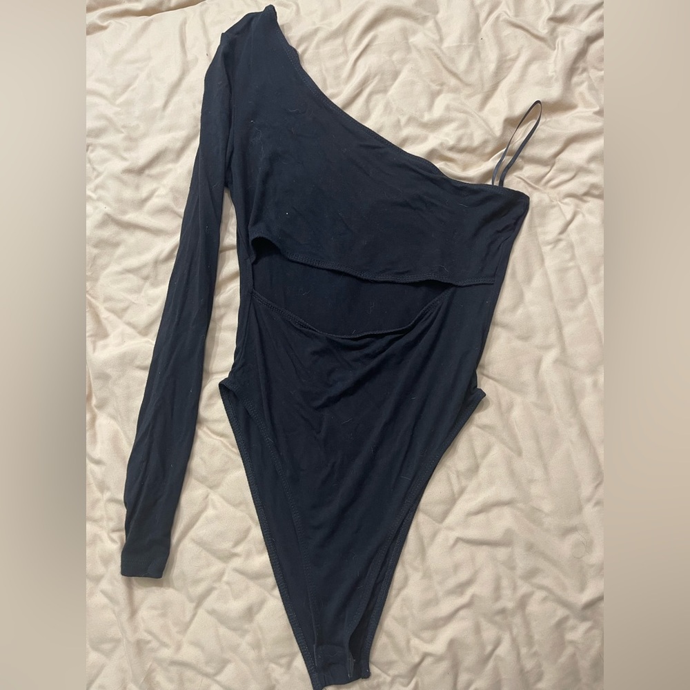 Black off the shoulder with a slit in the middle bodysuit